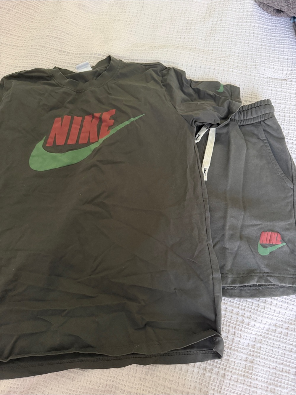 Nike Olive Green Tee & Shorts with Red Logo and Green Swoosh